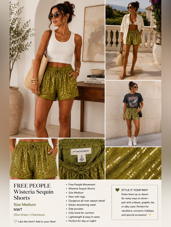 FP Movement by Free People Pants - Free People FP Movement Wisteria Sequin Shorts ✨ NWT $148 | Olive Green Size M